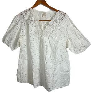 Sundance White Eyelet V-Neck Shirt Large 100% Cotton Pocket Blouse Boho Chic